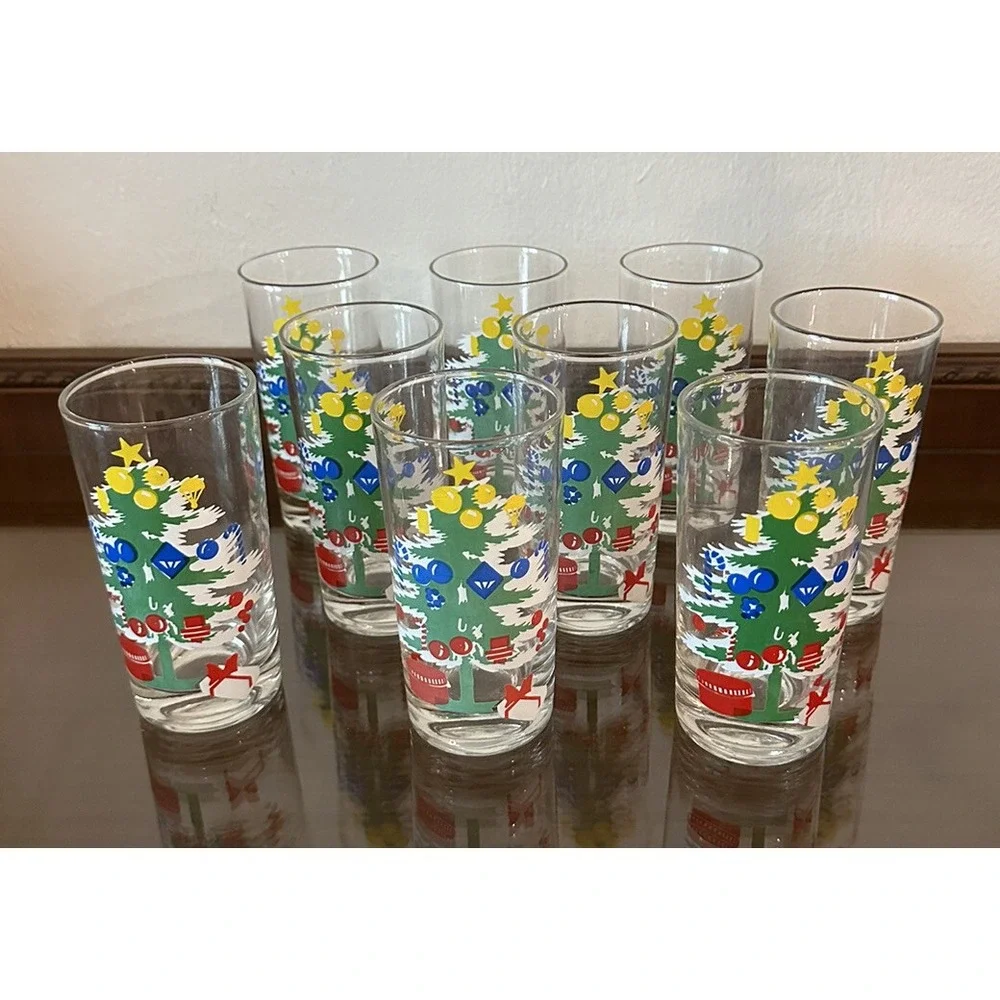 9 Set Vtg‎ Christmas Tree Drinking Glasses 12 Oz Tumbler Yellow Blue Red Primary